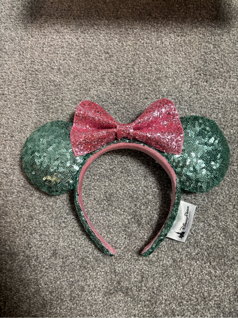 Disney Minnie-Style Green Sequin Ear Headband with Pink Bow